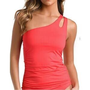 La Blanca Women's Island Goddess Ruched One-Shoulder Tankini Top Guava Size 4